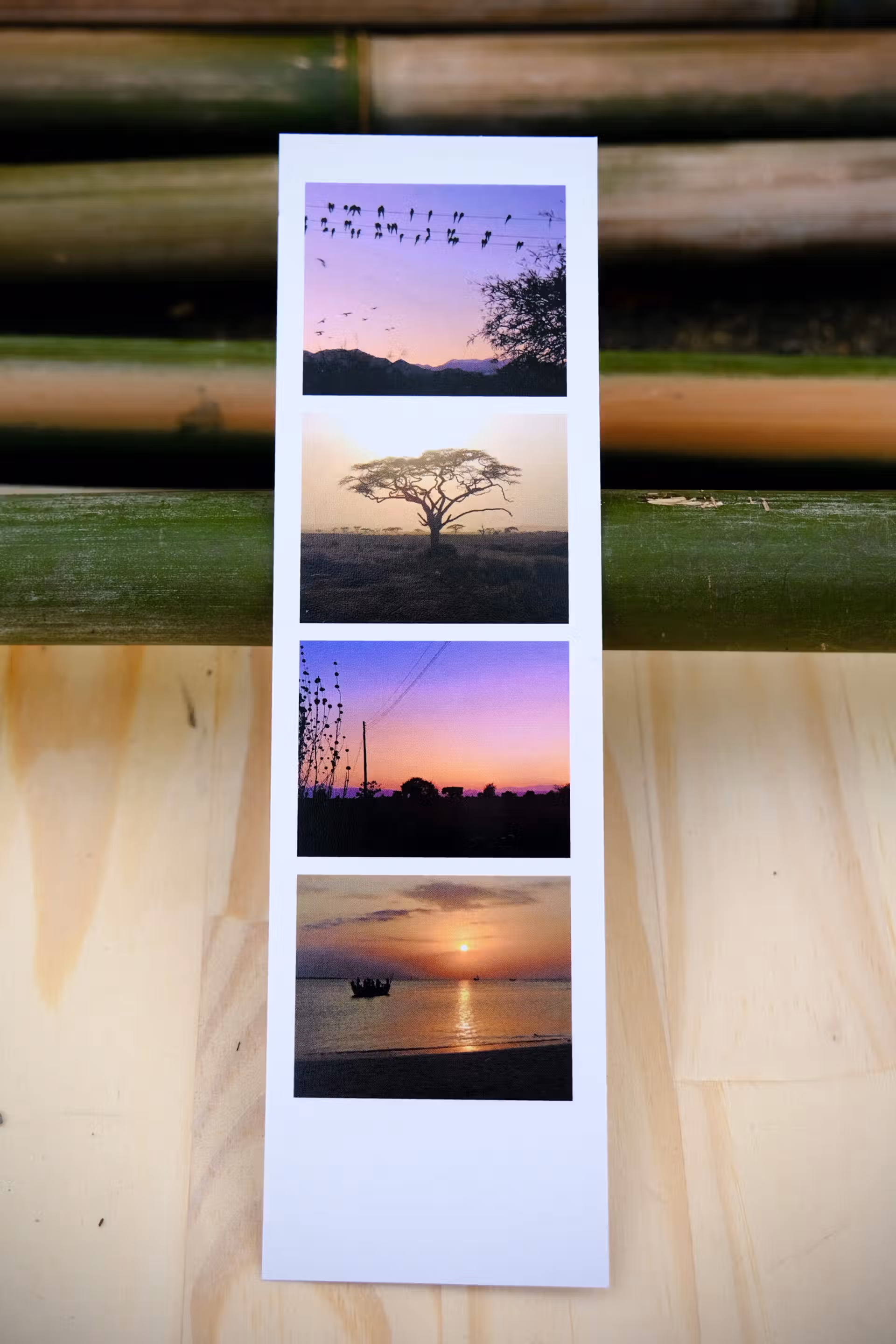marque page comprenant 4 photographies originales en vignette, de moments au coucher de soleil